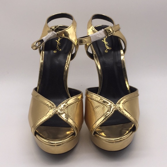 Qupid Ladies Platform Heels Pumps 5” Gold Shiny Metallic Open Toe Size 9 - Picture 4 of 16